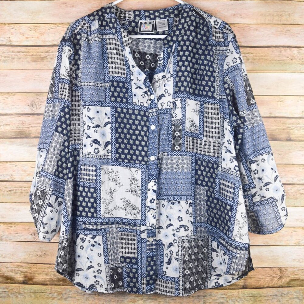 Take Two Womens XL Blue Floral Patchwork Print Button Up Blouse Top 3/4 Sleeve